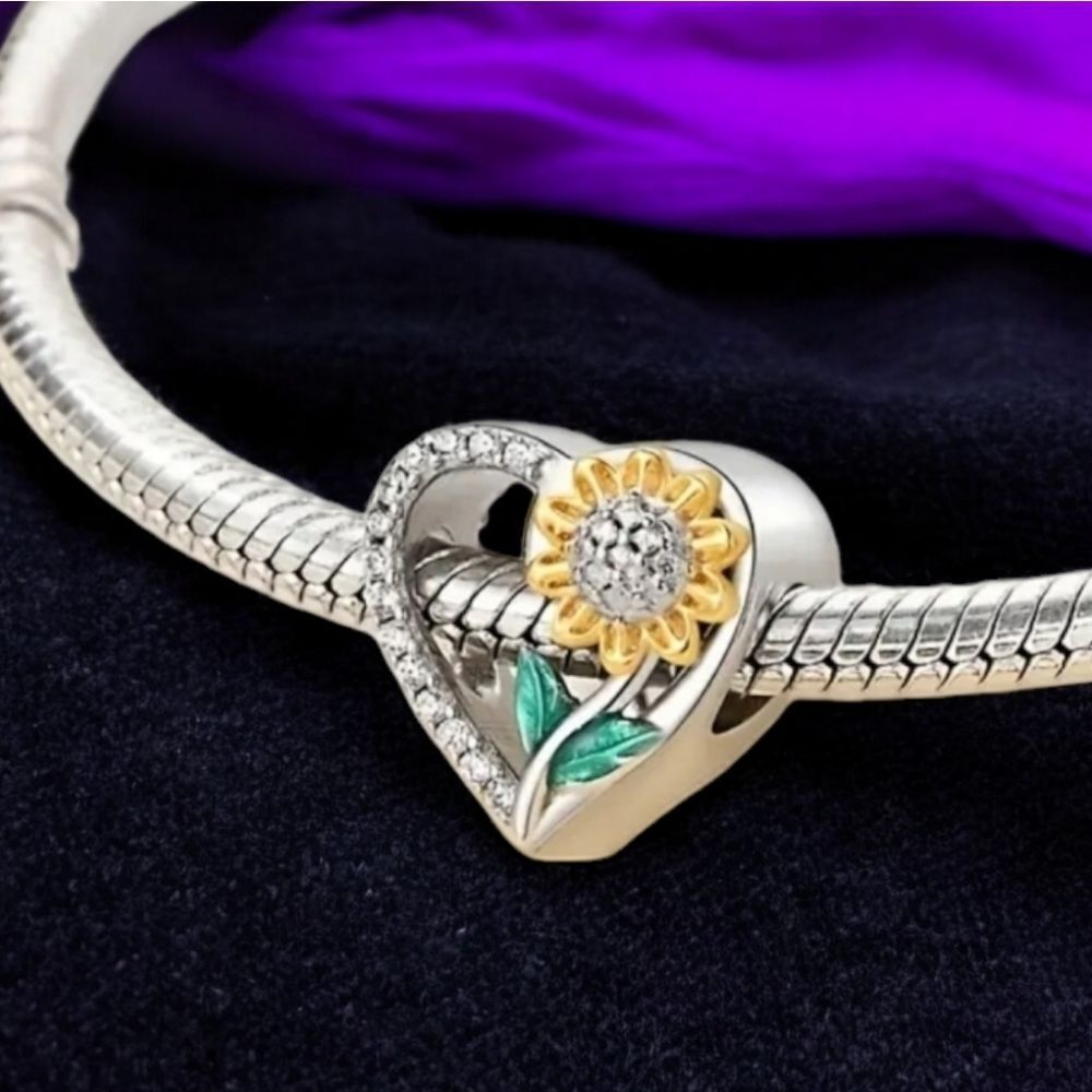 Sunflower Heart Charm S925 Sterling Silver Rhinestone Slide-On Bracelet Pendant